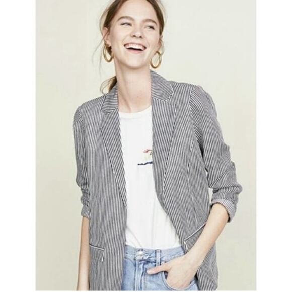 Cupcakes and Cashmere Dove Blazer Boyfriend Striped Oversized Medium Linen Blend - Picture 1 of 14
